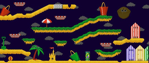 Thumbnail for a map of Beach Lemmings Quad Quirks On The Quay for the SNES game Lemmings 2: The Tribes.