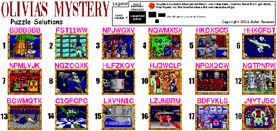 Thumbnail for a map of Puzzle Solutions for the SNES game Olivia's Mystery.