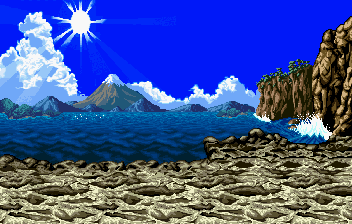 Thumbnail for a map of Gairyu Isle, Japan (Day) (Animated) for the SNES game Samurai Shodown.