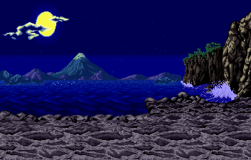 Thumbnail for a map of Gairyu Isle, Japan (Night) (Animated) for the SNES game Samurai Shodown.