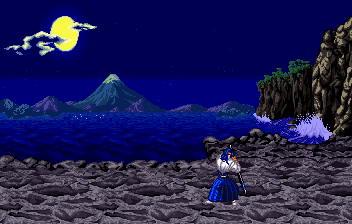 Thumbnail for a map of Gairyu Isle, Japan (Night) (Ukyo) (Animated) for the SNES game Samurai Shodown.