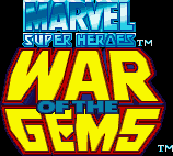 Title screen for the SNES game Marvel Super Heroes: War Of The Gems.